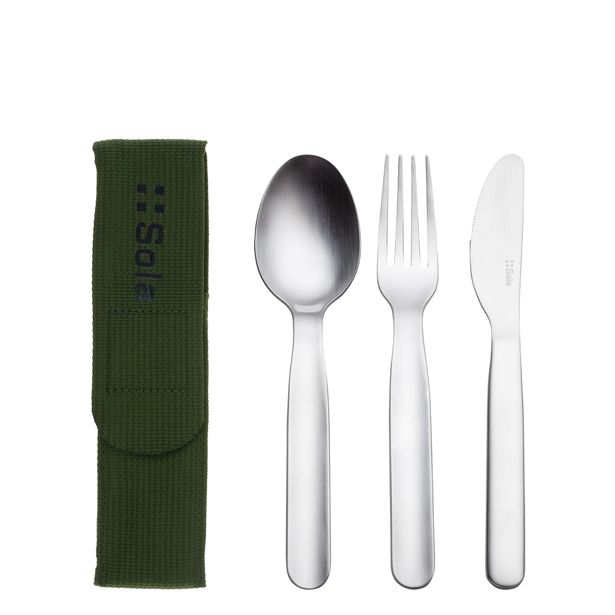 Besteckset 3-tlg. in Bag olive mit SOLA-Logo
