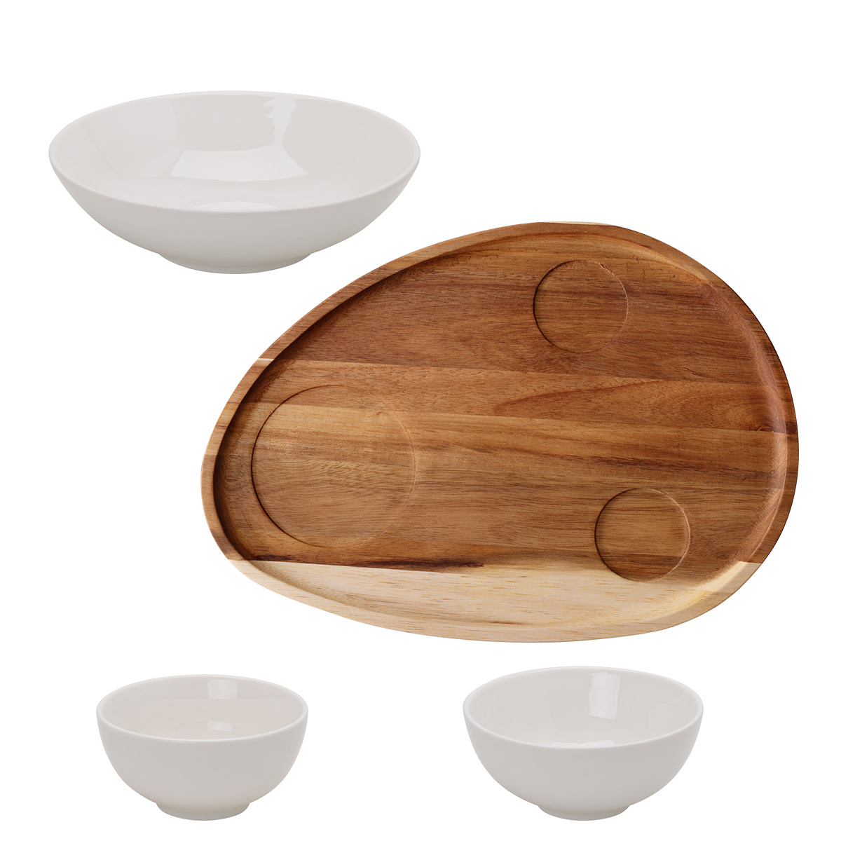 Set Flowl – Schalen Gaya Atelier weiß + Servierbrett Triangle Akazie